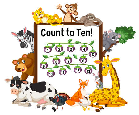 Count to ten board with wild animals illustrationのイラスト素材