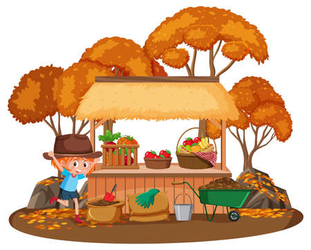 A girl with fruit store isolated on white background illustrationのイラスト素材