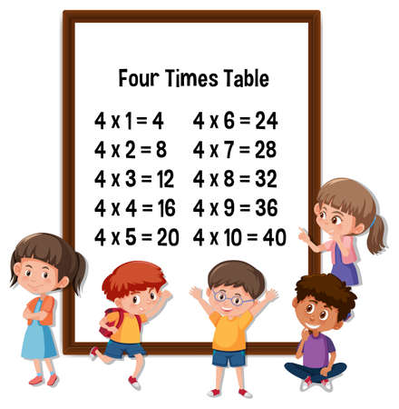 Four Times Table with many kids cartoon character illustrationのイラスト素材