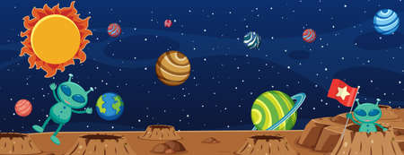 Two aliens in the galaxy scene with many planets illustrationのイラスト素材