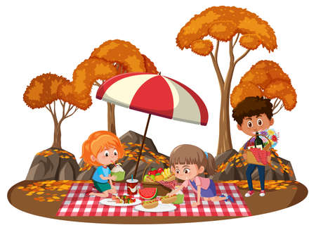 Children doing picnic in the park with many autumn trees illustrationのイラスト素材