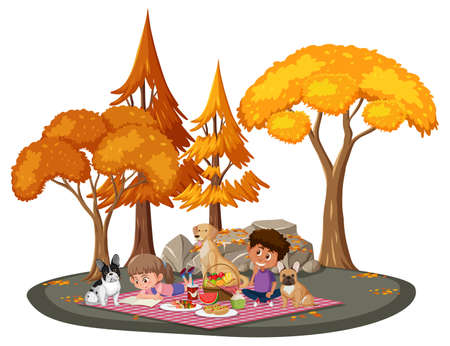 Children doing picnic in the park with many autumn trees illustrationのイラスト素材