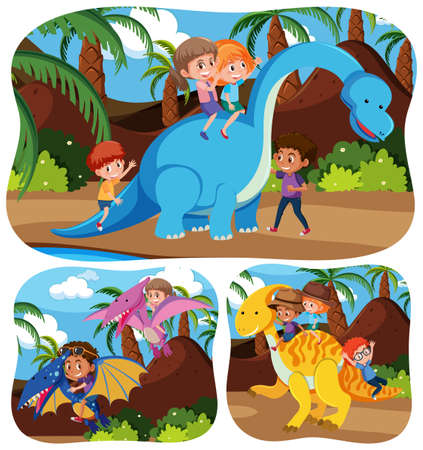 Happy kids with animals in nature background illustrationのイラスト素材