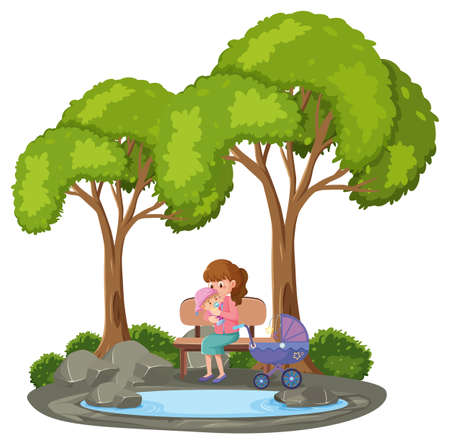 Mother holding her baby in the park isolated illustrationのイラスト素材