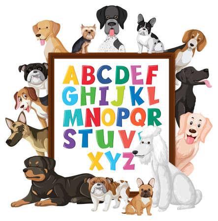 A-Z Alphabet board wih many different types of dogs illustrationのイラスト素材