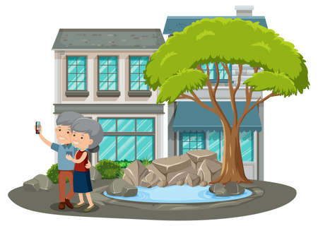 Old couple in the park on white background illustrationのイラスト素材