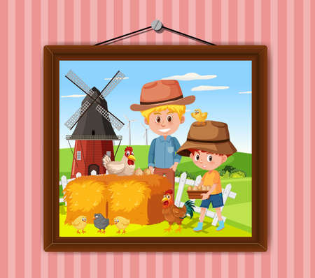 A picture of Dad and son in the farm scene hanging on the wallの写真素材