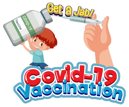 Covid-19 Vaccination font with a boy holding vaccine bottle and syring illustrationの写真素材