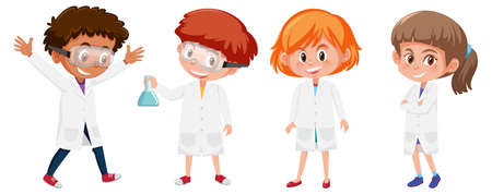 Set of different kids wearing white laboratory gown illustrationの写真素材
