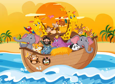 Noah's Ark with animals in the ocean scene  illustrationの写真素材