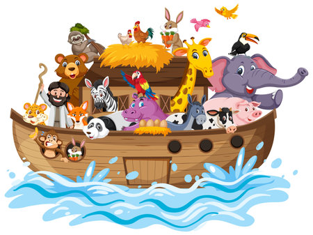 Noah's Ark with Animals on water waveの写真素材