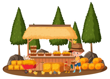 A farmer boy with egg store isolated on whiteの写真素材