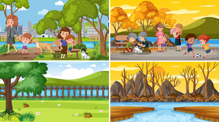Set of different nature scenes cartoon style illustrationの写真素材