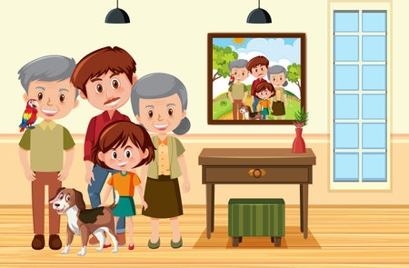 Happy family in the living room scene illustration
