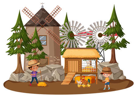 Farmer house with children on whiteの写真素材