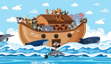 Animals on Noah's ark floating in the ocean scene illustrationの写真素材