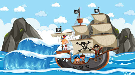 Beach with Pirate ship at daytime scene in cartoon style illustrationの写真素材