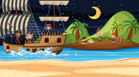 Treasure Island scene at night with Pirate kids on the ship illustrationの写真素材