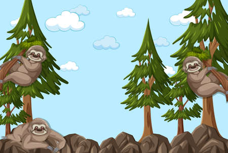 Empty sky with sloth in the forest scene illustrationのイラスト素材