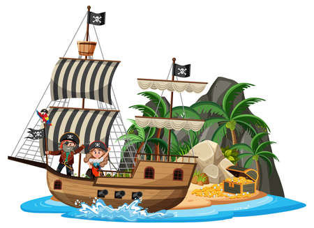 Pirate ship on island with many kids isolated on white background illustrationのイラスト素材