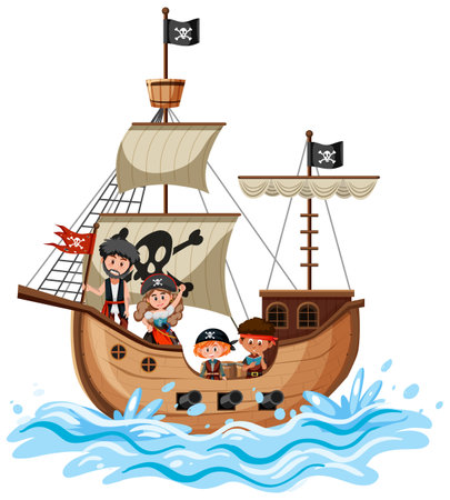 Pirate ship on ocean wave with many kids isolated on white background illustrationのイラスト素材