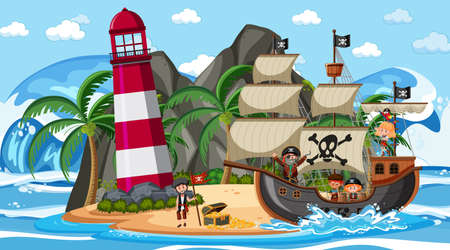 Beach at daytime scene with pirate kids cartoon character on the ship  illustrationのイラスト素材