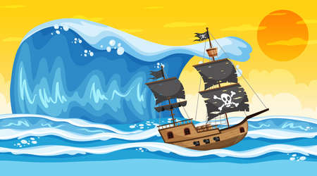 Ocean with Pirate ship at sunset time scene in cartoon style illustrationのイラスト素材