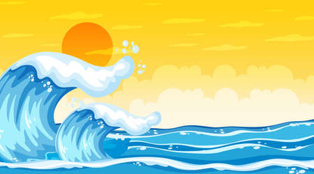 Beach landscape at sunset scene with ocean wave illustrationのイラスト素材