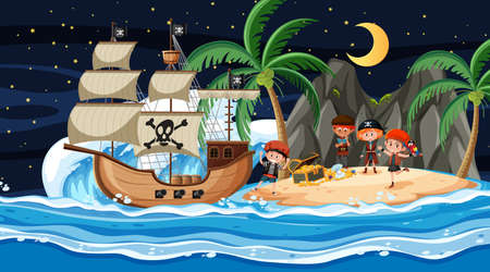 Treasure Island scene at night with Pirate kids illustrationのイラスト素材