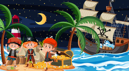Treasure Island scene at night with Pirate kids illustrationのイラスト素材