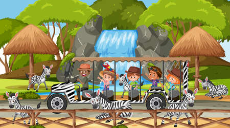 Safari at daytime scene with kids watching zebra group illustrationのイラスト素材