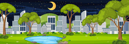 Park horizontal scene with cityscape background at night time illustrationのイラスト素材