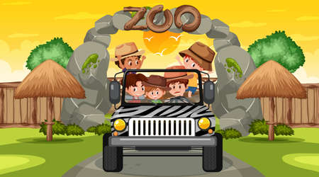 Zoo at sunset time scene with many kids in a jeep car illustrationのイラスト素材