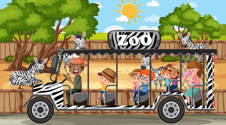 Safari at daytime scene with children watching zebra illustrationのイラスト素材