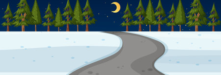 Winter season with road through the park at night time horizontal scene illustrationのイラスト素材