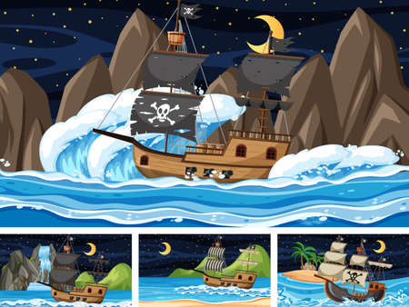 Set of Ocean with Pirate ship at different times scenes  in cartoon style illustrationのイラスト素材