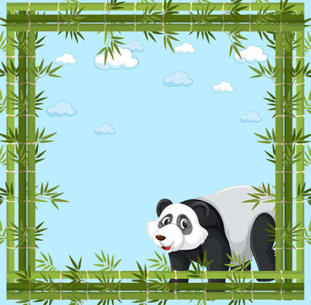 Empty banner with bamboo frame and panda cartoon character illustrationのイラスト素材