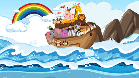 Noah's Ark with animals in the ocean scene illustrationのイラスト素材