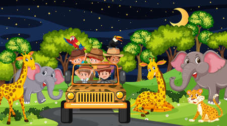 Animals in Safari scene with children in the tourist car illustrationのイラスト素材