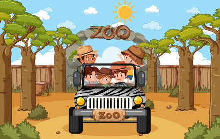 Children on tourist car explore in the zoo scene illustrationのイラスト素材