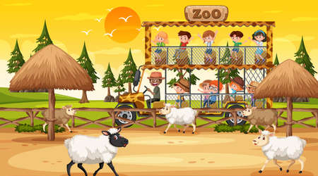 Safari at sunset time scene with many children watching sheep group illustrationのイラスト素材