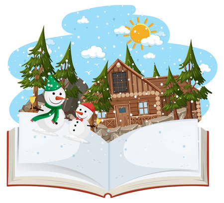 Open book with snowman in the winter season illustrationのイラスト素材