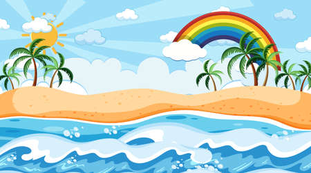 Beach landscape at day time scene with rainbow in the sky illustrationのイラスト素材
