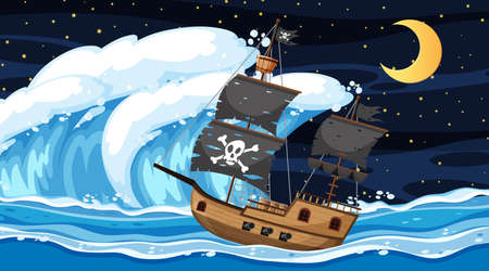 Ocean with Pirate ship at night scene in cartoon style illustrationのイラスト素材
