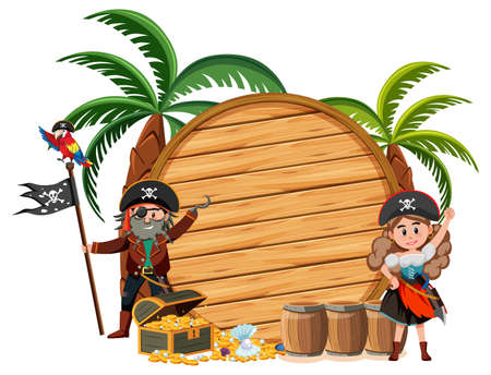 Two pirates cartoon character with an empty banner isolated on white background illustrationのイラスト素材