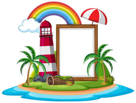 Blank banner template on the island with lighthouse isolated illustrationのイラスト素材