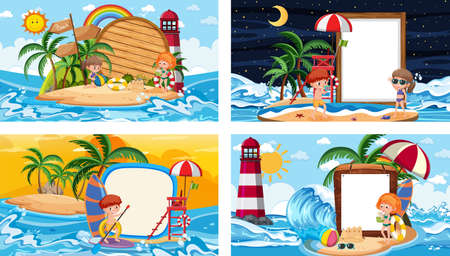Set of different tropical beach scenes with blank banner illustrationのイラスト素材