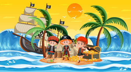 Treasure Island scene at sunset time with Pirate kids illustrationのイラスト素材