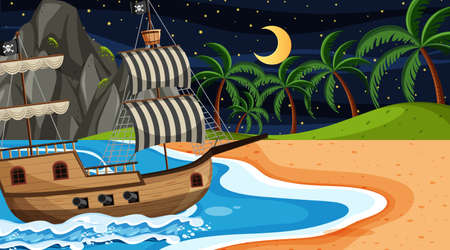 Ocean with Pirate ship at night scene in cartoon style illustrationのイラスト素材