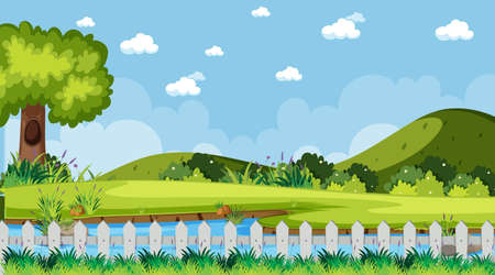 Blank sky in the park scene with many trees and meadow illustrationのイラスト素材